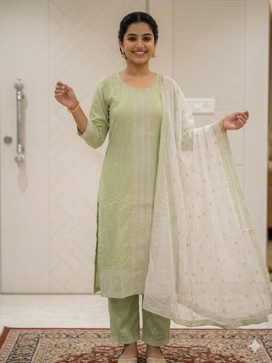 Pista Green Vatican Fabric Embroidered Salwar Suit with Dupatta