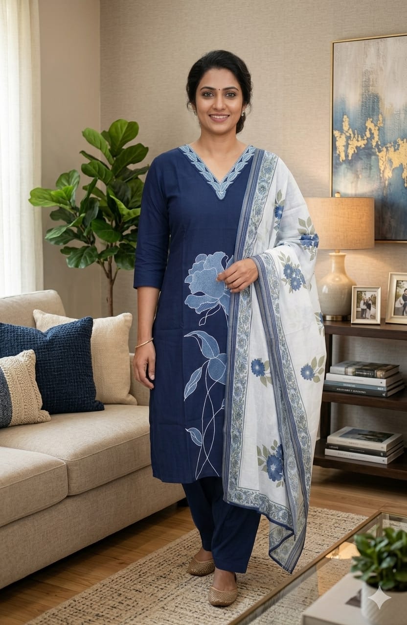 Navy Blue Designer Salwar Suit with Floral Dupatta