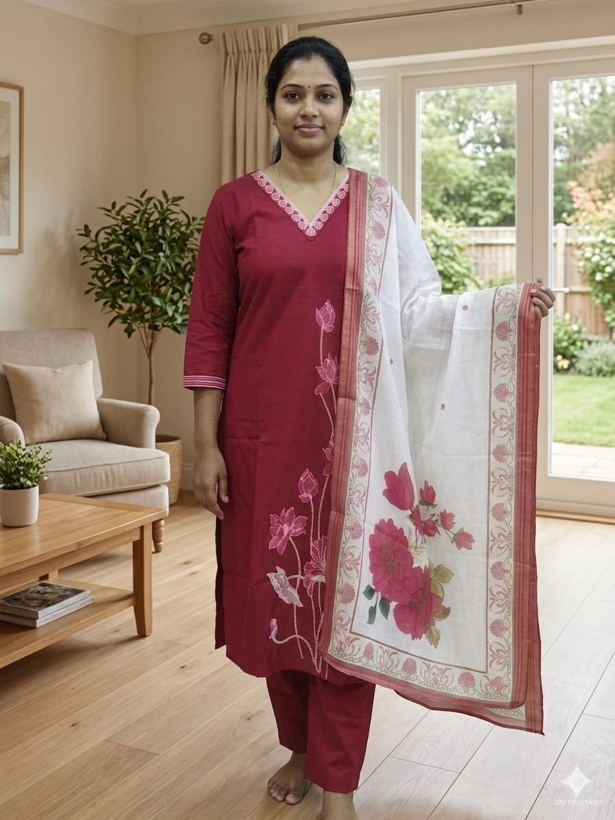 Maroon Vatican Fabric Embroidered Salwar Suit with Floral Dupatta