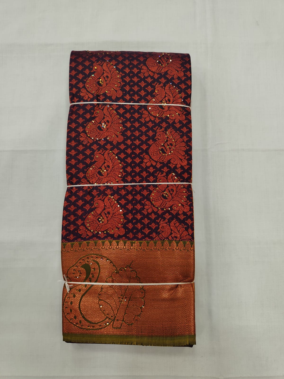 Rich Purple Silk Saree with Copper Zari Motifs & Traditional Border