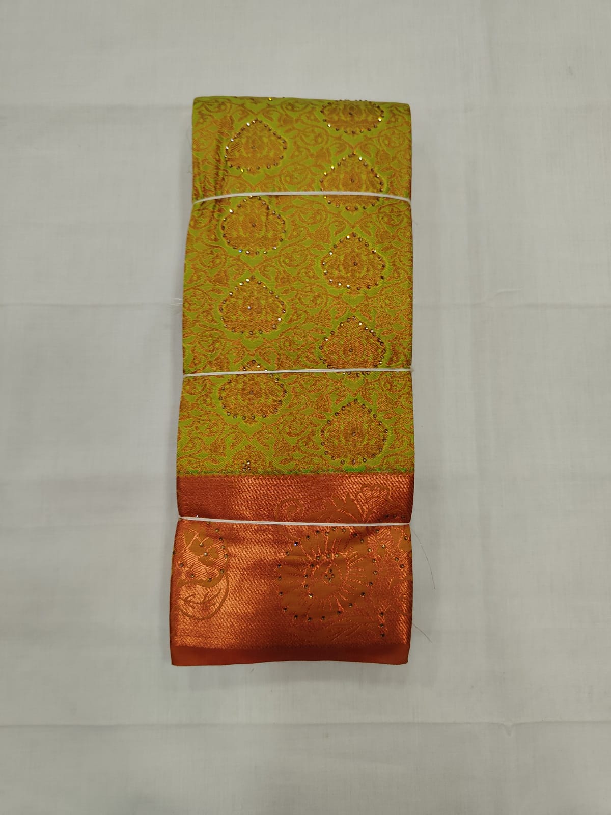 Designer Green Silk Saree with Mustard Zari Motifs & Copper Border