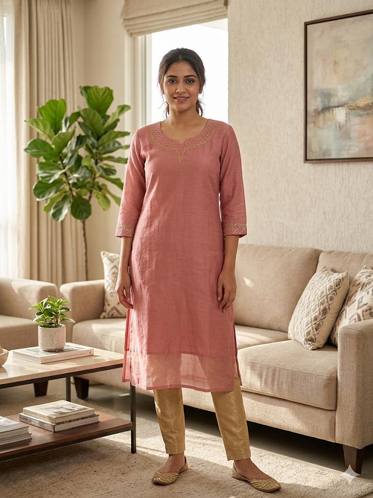 Peach Crush Soft Silk Kurthi with Embroidery & Round Neck