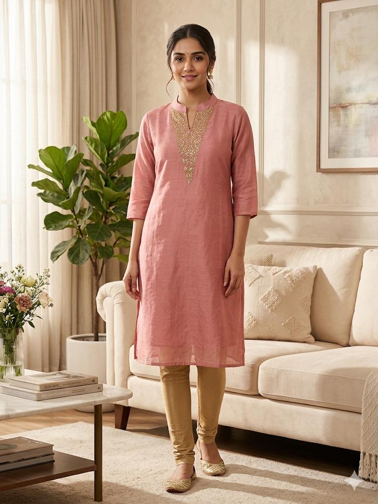 Peach Crush Soft Silk Kurthi with Embroidery & Designer Neck