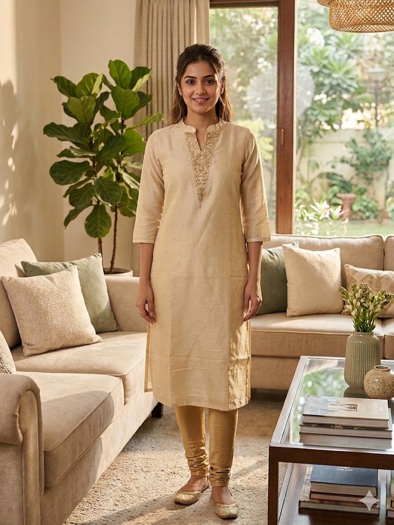 Cream Crush Soft Silk Kurthi with Embroidery & Designer Neck