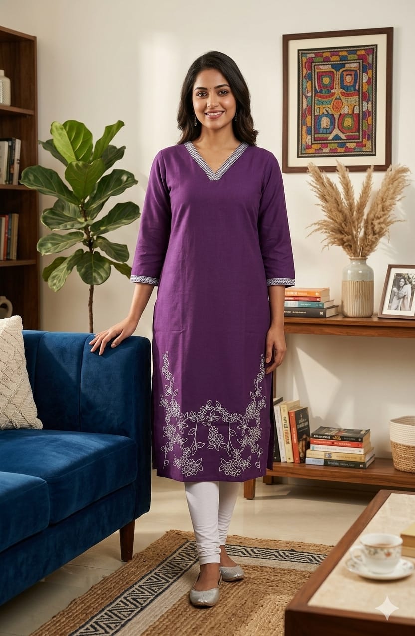 Purple Vatican Fabric Kurti with Embroidery & V-Neck