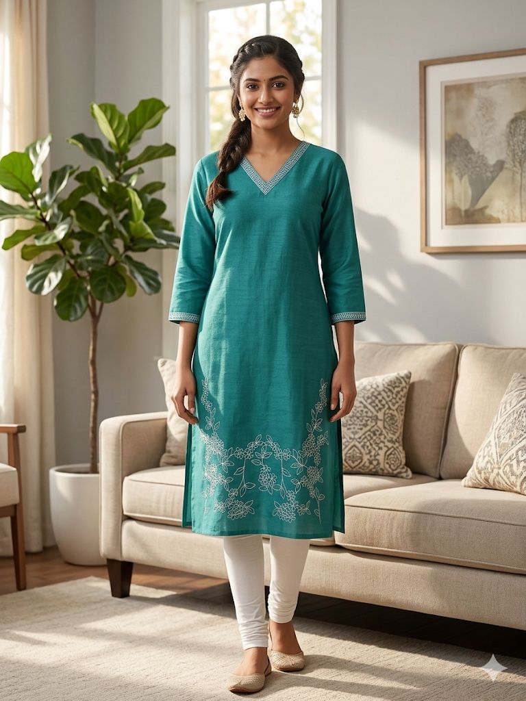 Sky Blue Embroidered Kurti with V-Neck – Stylish Office & Daily Wear