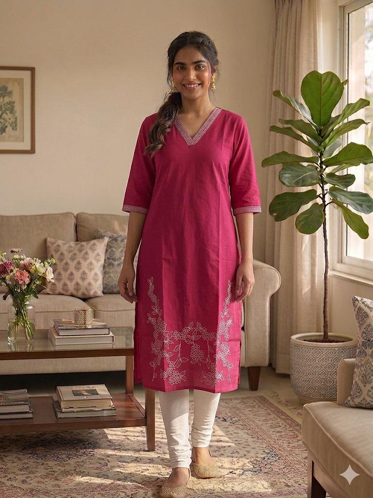 Pink Embroidered Kurti with V-Neck