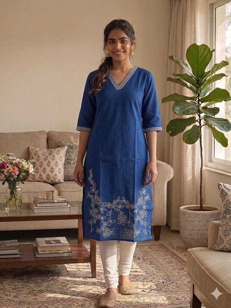 Royal Blue Embroidered Kurti with V-Neck – Elegant Office & Daily Wear
