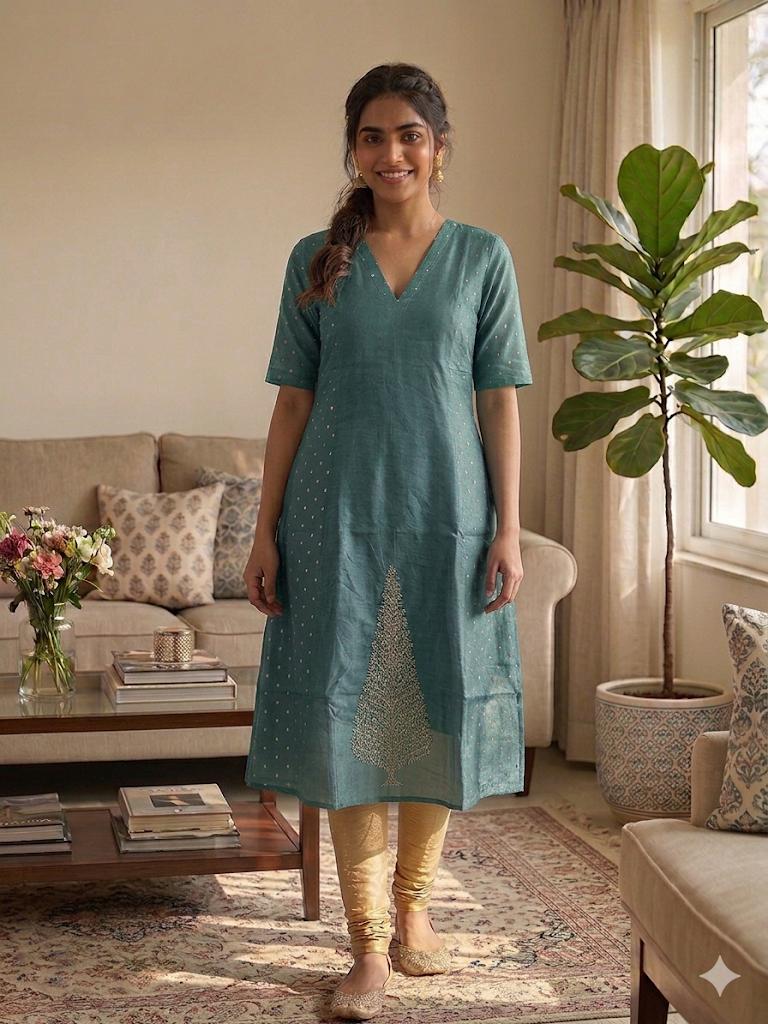 Teal Green Umbrella Kurti with Embroidery & V-Neck – Soft Tissue Fabric
