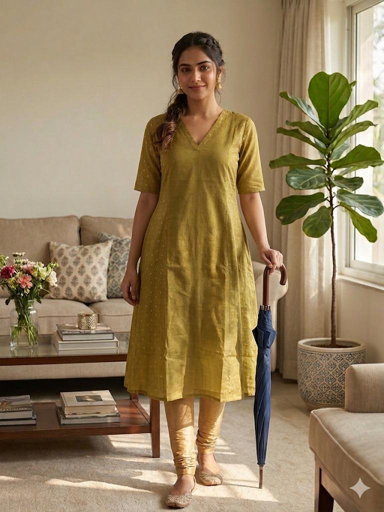 Mustard Yellow Umbrella Kurti with V-Neck – Soft Tissue Elegant Daily Wear