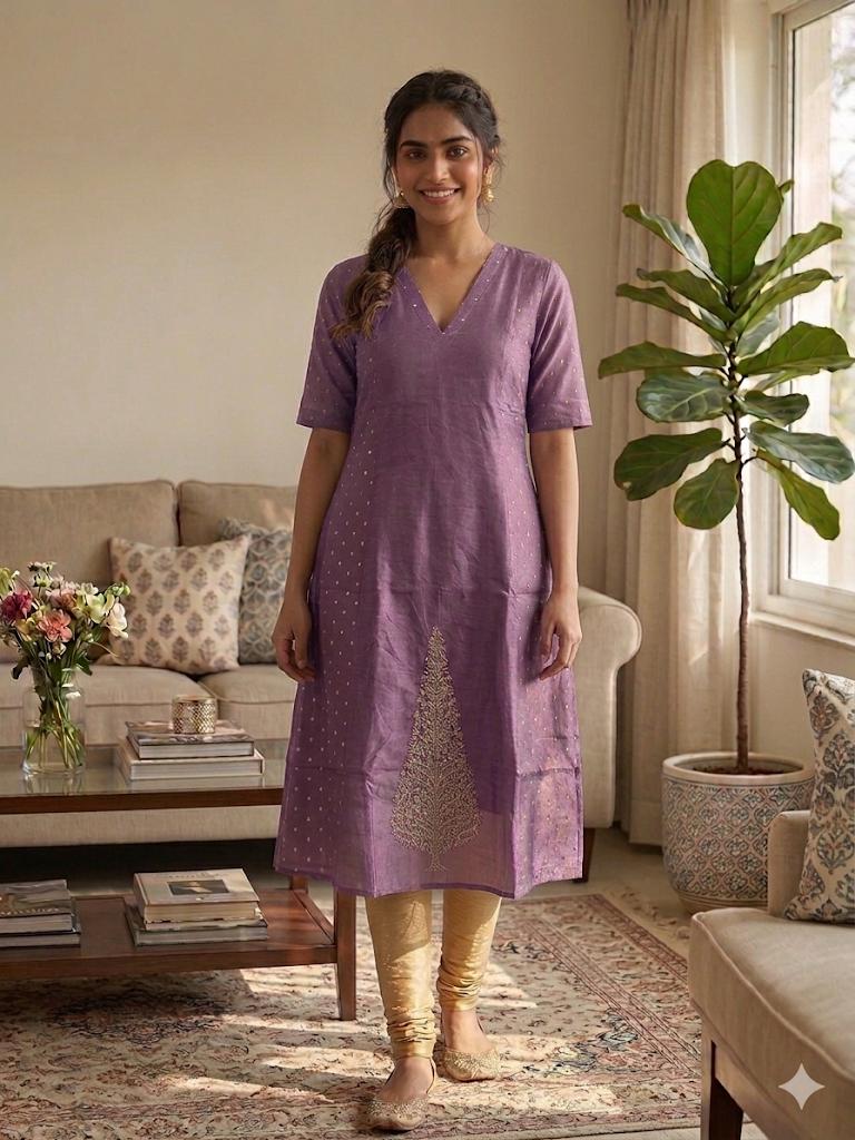 Lavender Umbrella Kurti with V-Neck – Soft Tissue Elegant Daily Wear