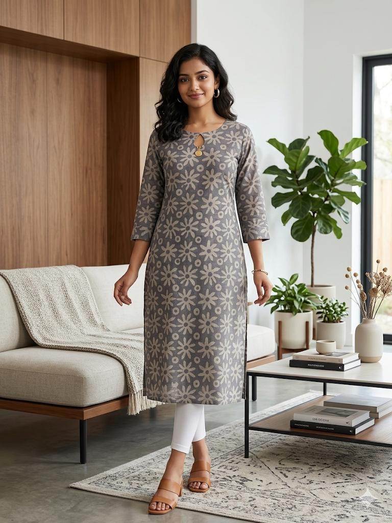 Elegant Grey Cotton Side Open Kurti