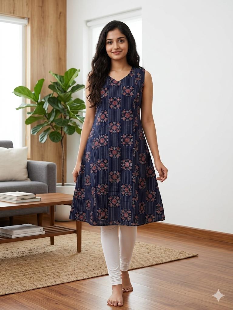 Navy Blue Cotton Umbrella Kurti with Lotus Neck