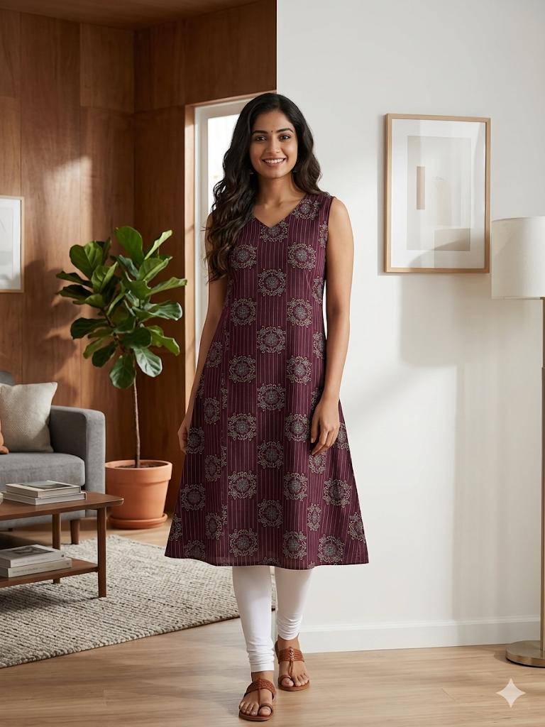 Maroon Cotton Umbrella Kurti with Lotus Neck