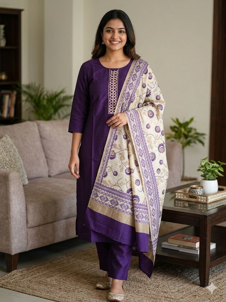Violet Malabar Silk Salwar Suit with Printed Shawl & Round Neck