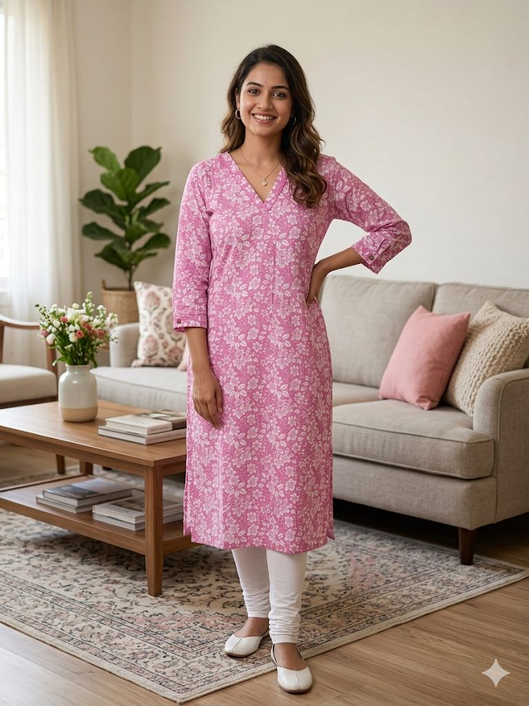 Elegant Pink Cotton Side Open Kurti
