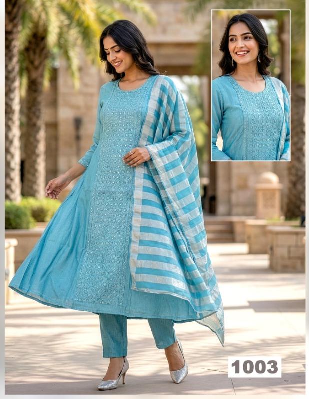 Blue Umbrella Salwar Suit with Stone Work & Striped Dupatta
