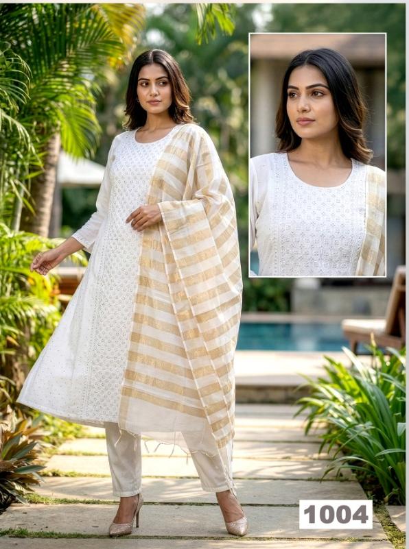 White Umbrella Salwar Suit with Stone Work & Striped Dupatta
