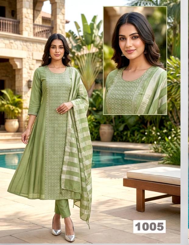 Parrot Green Umbrella Salwar Suit with Stone Work & Striped Dupatta
