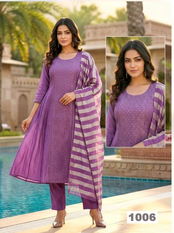 Lavender Umbrella Salwar Suit with Stone Work & Striped Dupatta
