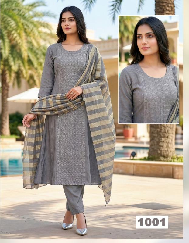 Grey Umbrella Salwar Suit with Stone Work & Striped Dupatta