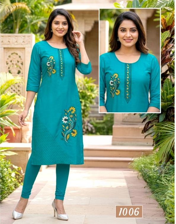 Elegant Green Roman Silk Side Open Kurti with Embroidery