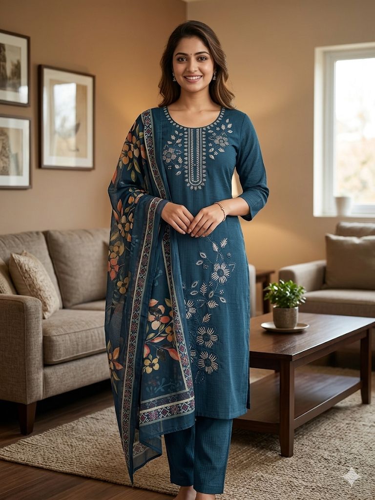 Elegant Navy Blue Embroidered Salwar Suit Set with Dupatta