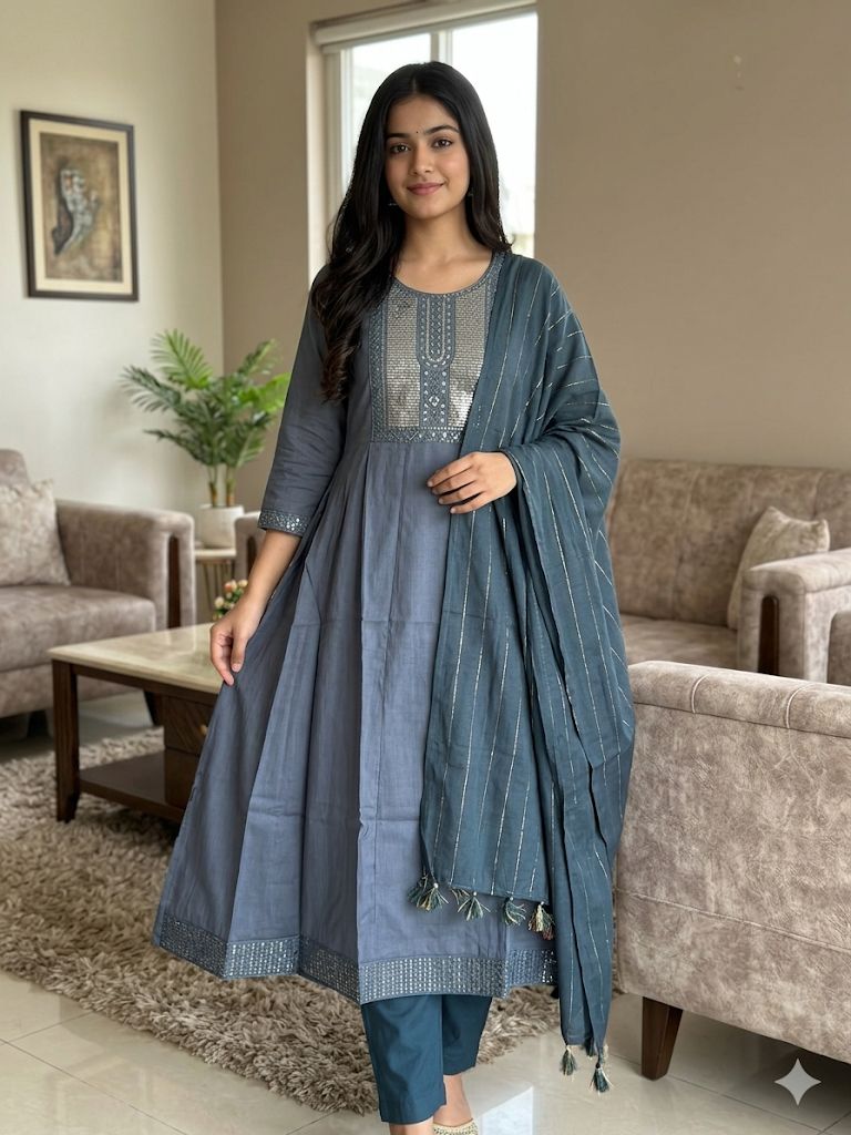 Ash Grey Umbrella Salwar Suit with Dupatta