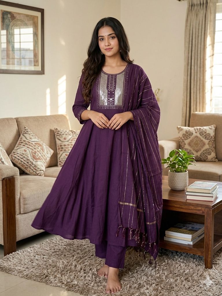 Purple Umbrella Salwar Suit with Dupatta