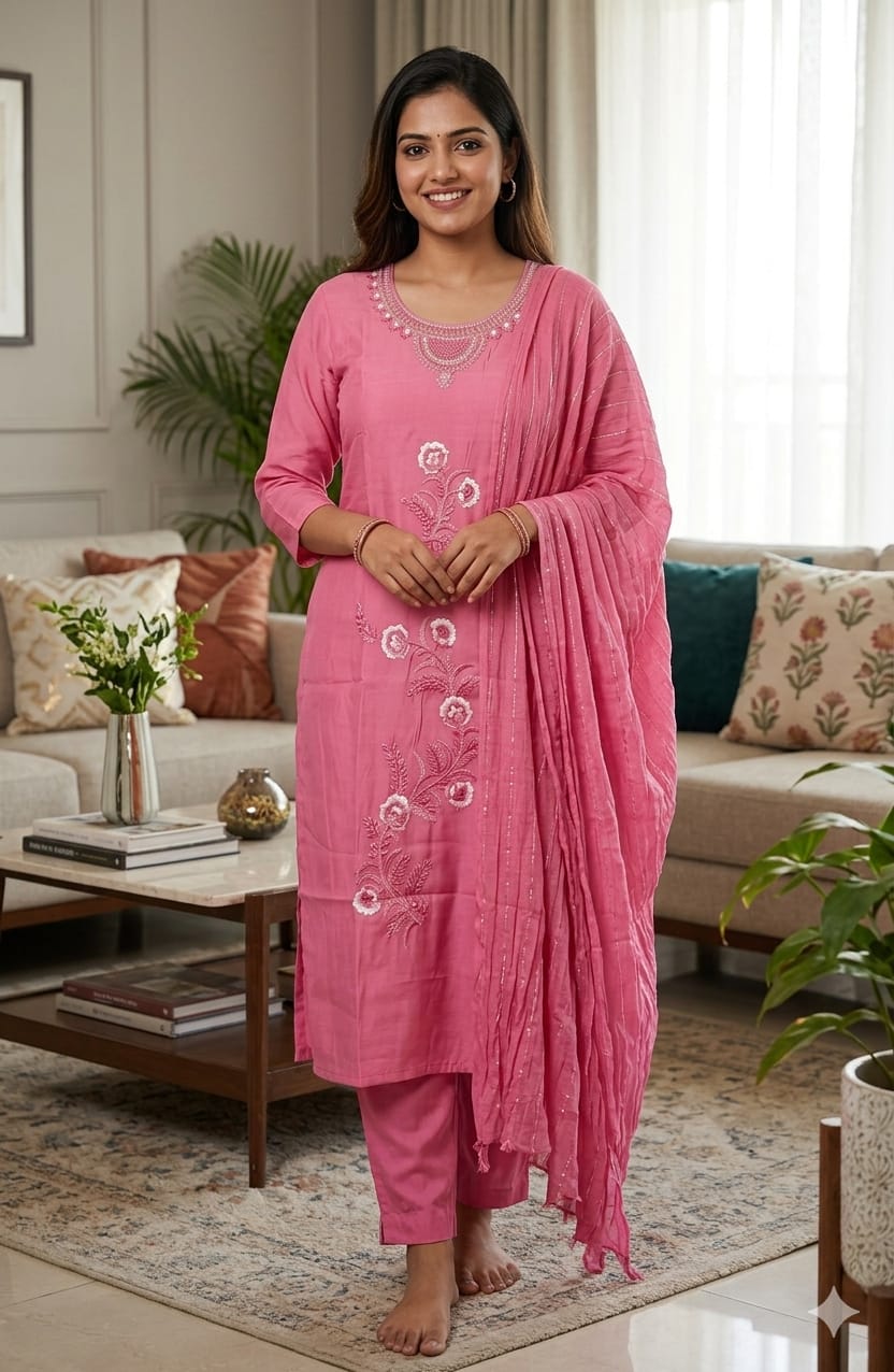 Pink Roman Silk Salwar Suit with Dupatta