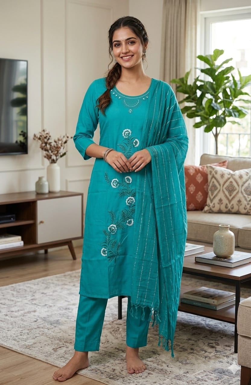 Teal Blue Roman Silk Salwar Suit with Dupatta