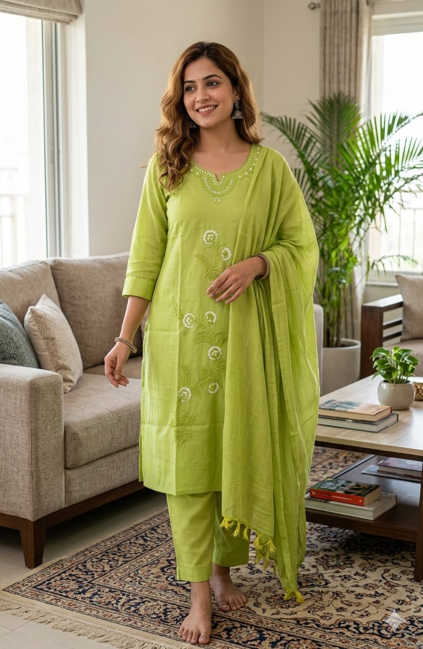 Parrot Green Roman Silk Salwar Suit with Dupatta