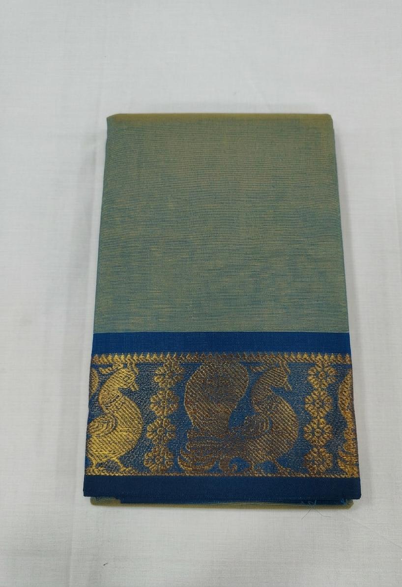 Elegant Peacock Blue Chettinad Cotton Saree with Traditional Border