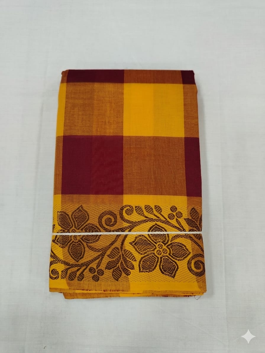 Traditional Mustard Yellow Chettinad Cotton Saree with Maroon Checks Border