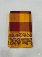 Traditional Mustard Yellow Chettinad Cotton Saree with Maroon Checks Border