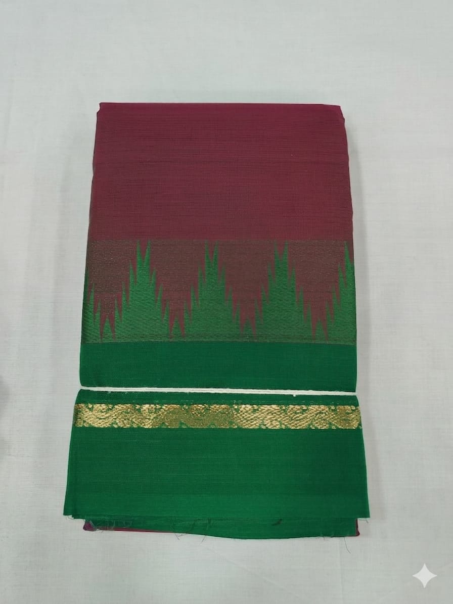 Wine & Green Chettinad Cotton Saree with Traditional Temple Border