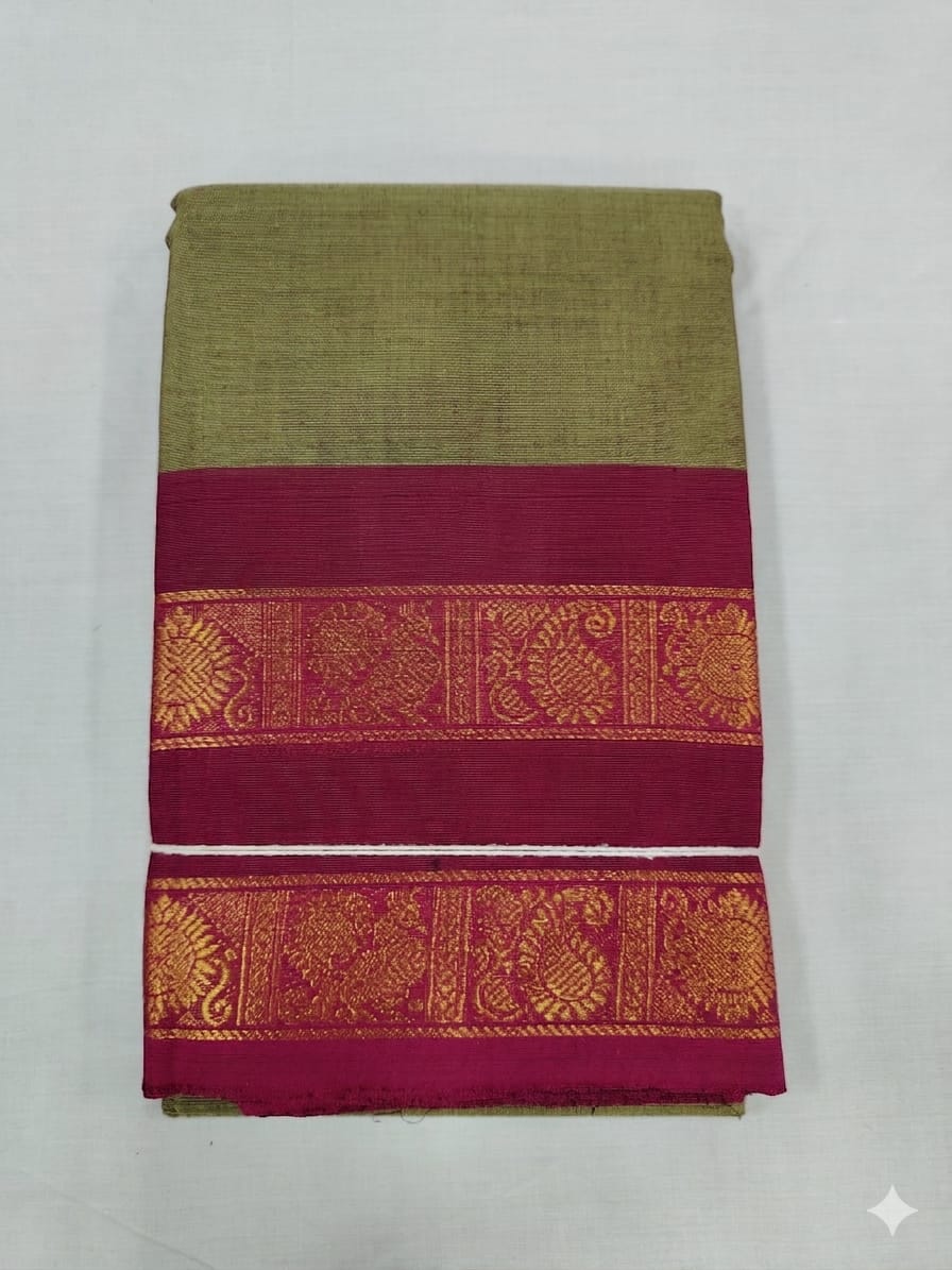 Olive Green & Maroon Chettinad Cotton Saree with Traditional Zari Border