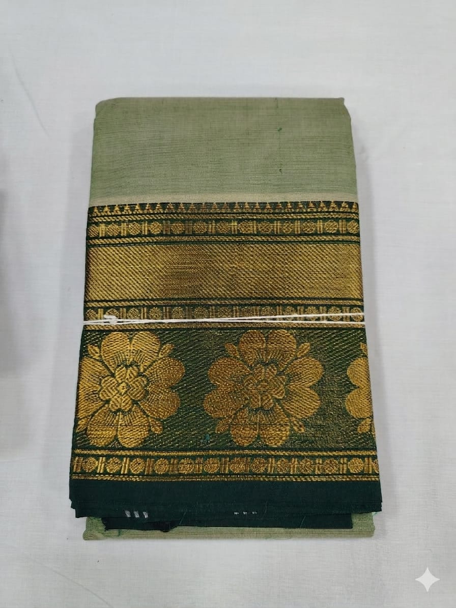 Pista Green Chettinad Cotton Saree with Dark Green Zari Border