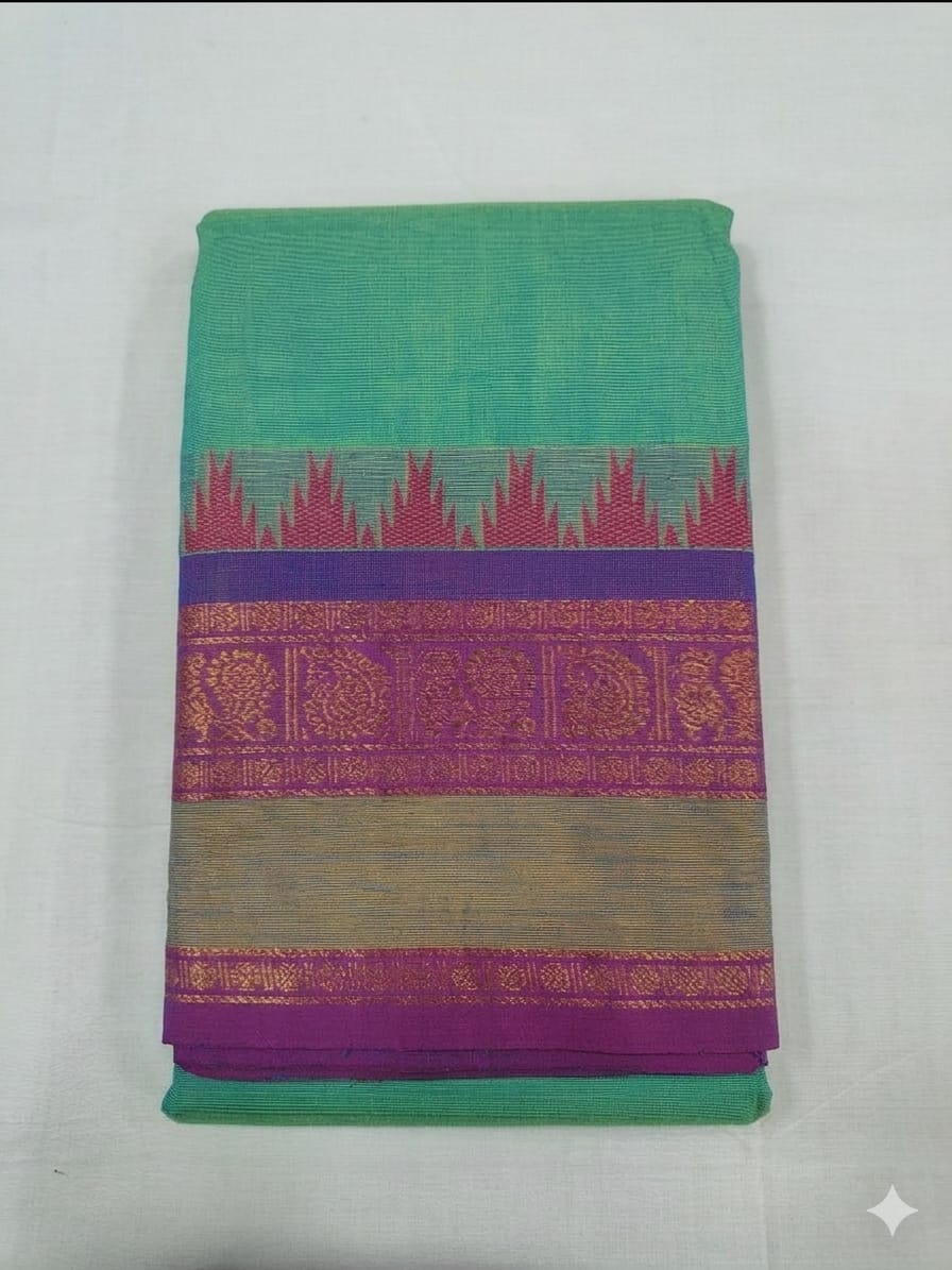 Rama Green Chettinad Cotton Saree with Purple Zari Border