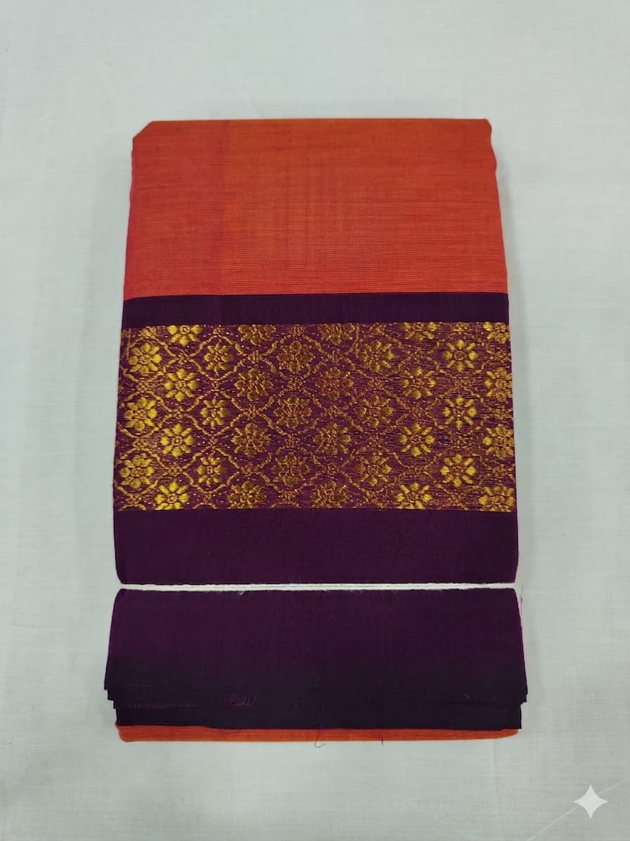 Orange Chettinad Cotton Saree with Purple Zari Floral Border