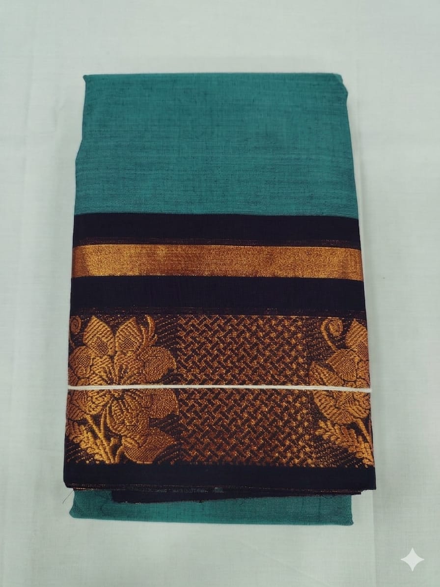 Teal Blue Chettinad Cotton Saree with Black & Gold Zari Border