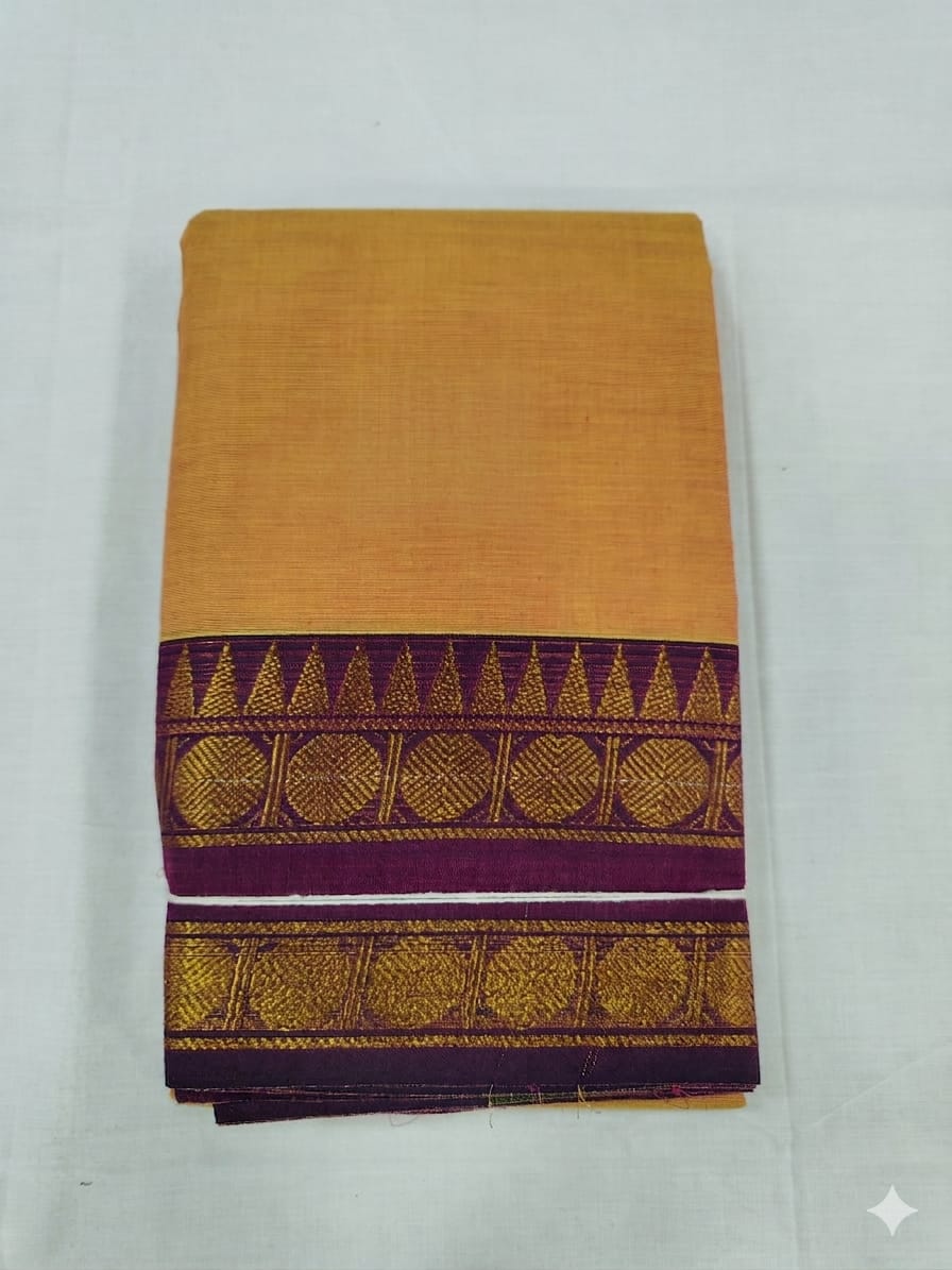 Peach Orange Chettinad Cotton Saree with Purple Zari Border