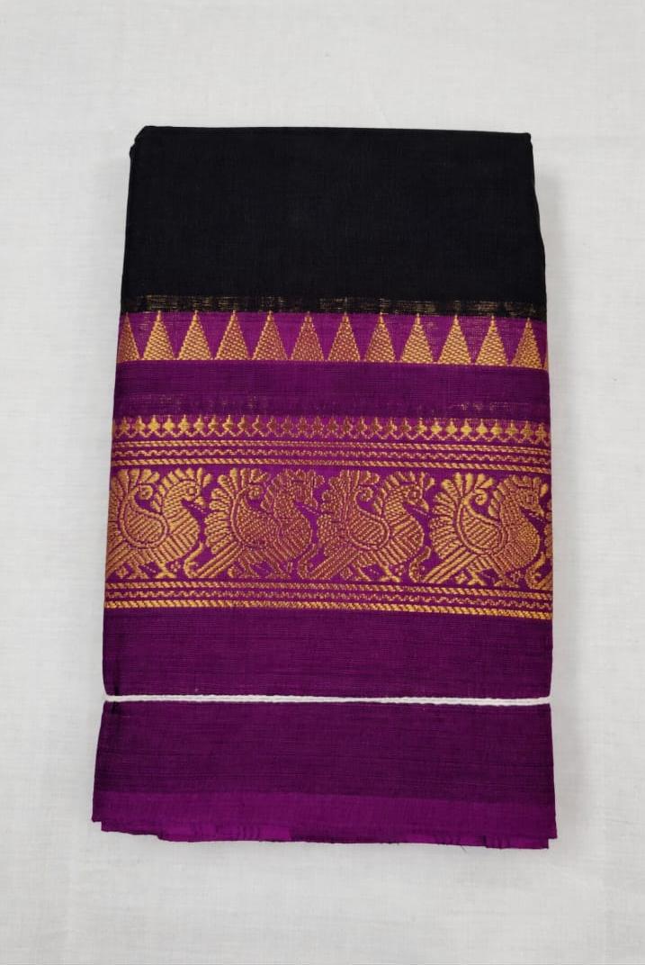 Black Chettinad Cotton Saree with Purple Zari Peacock Border