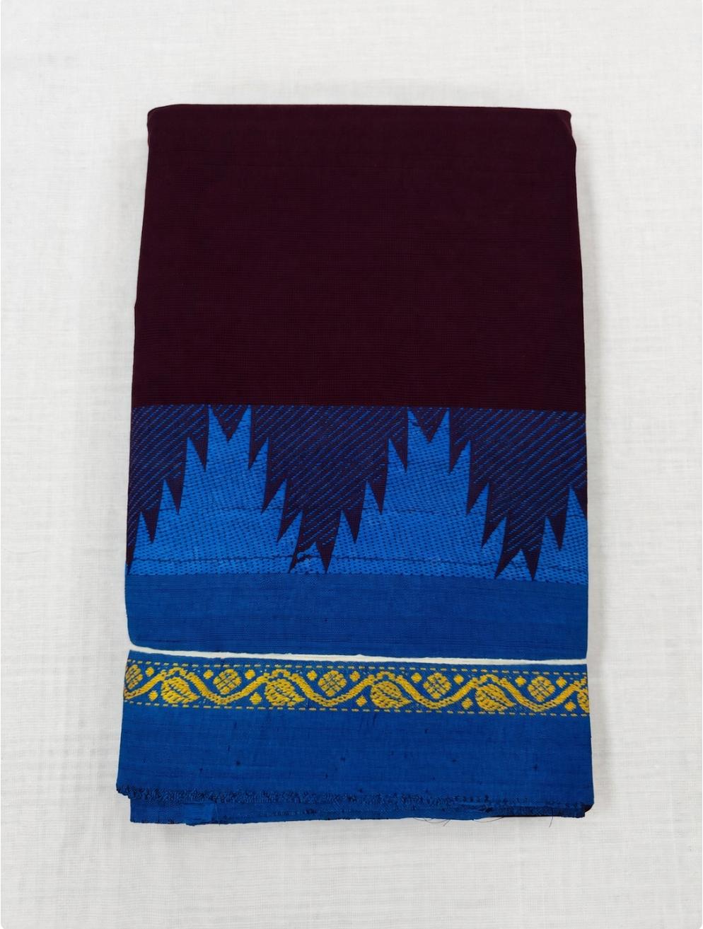 Maroon Chettinad Cotton Saree with Blue Contrast Border