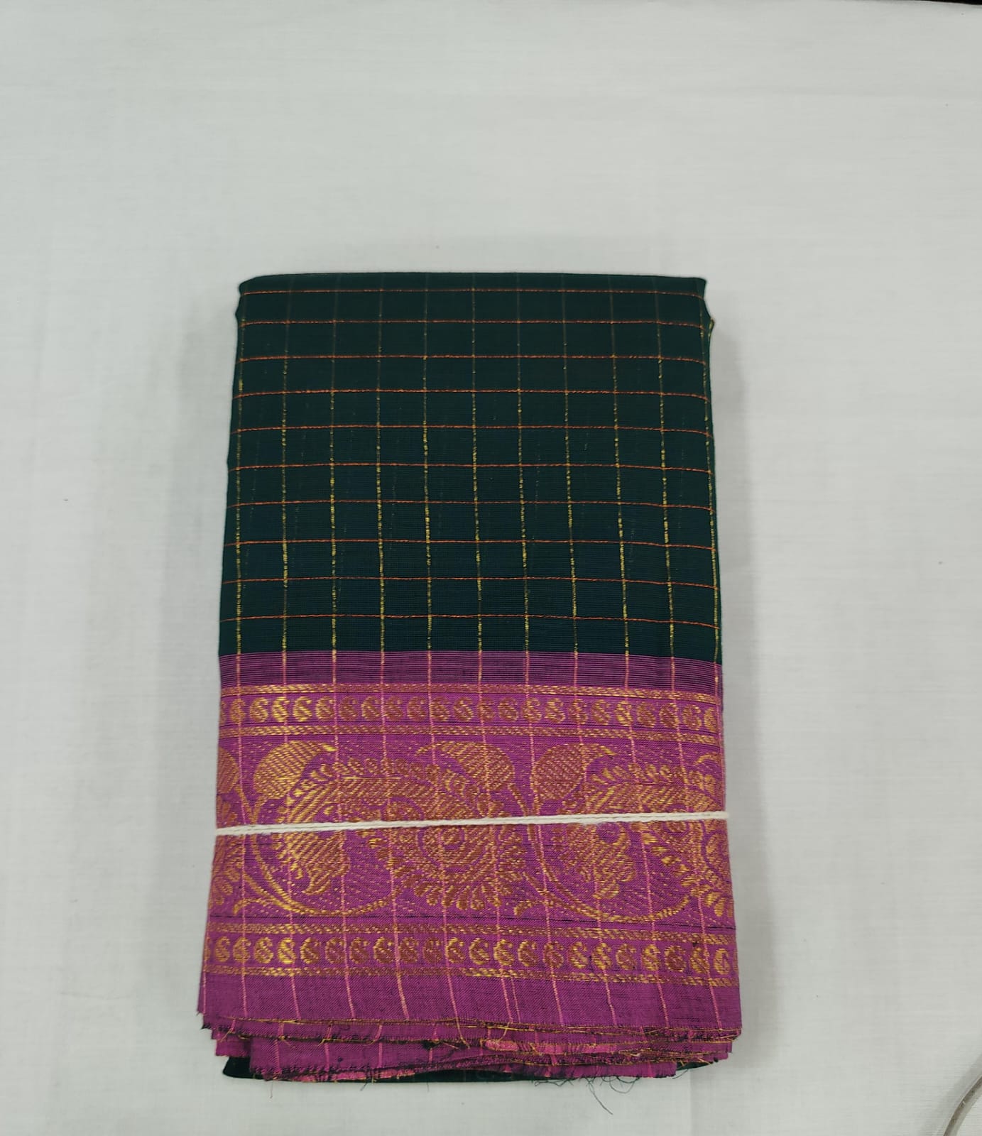 Dark Green Chungudi Cotton Saree with Purple Zari Border