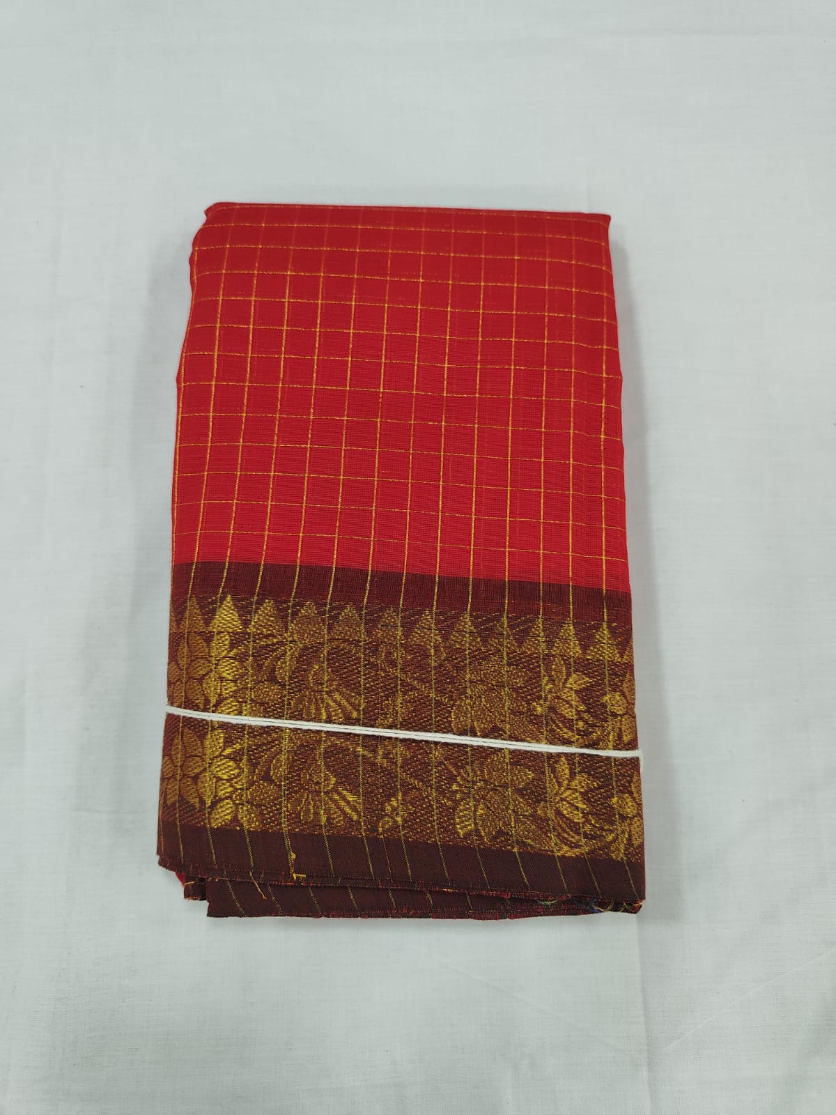 Red Chungudi Cotton Saree with Brown Zari Border