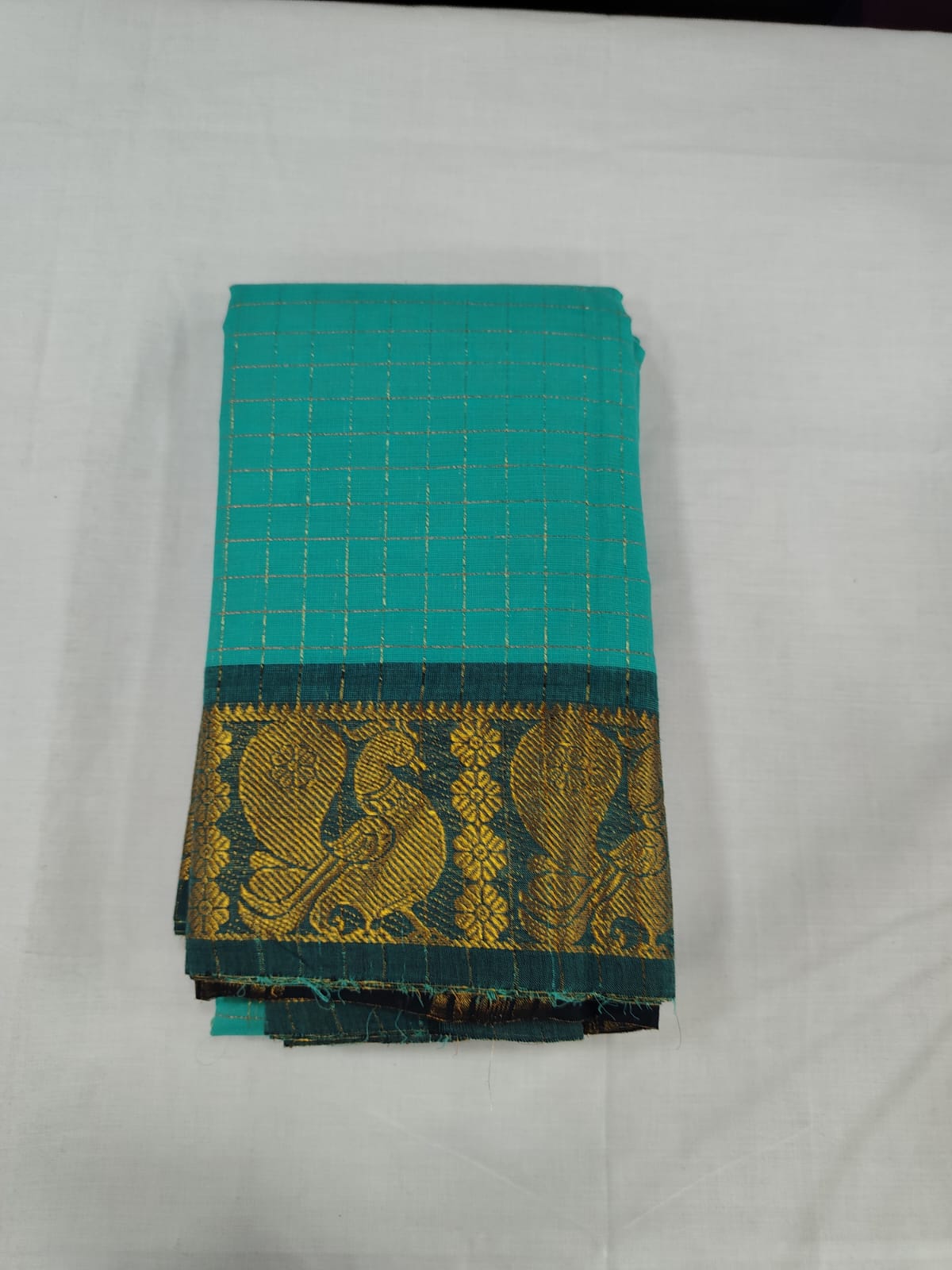 Turquoise Blue Chungudi Cotton Saree with Peacock Zari Border
