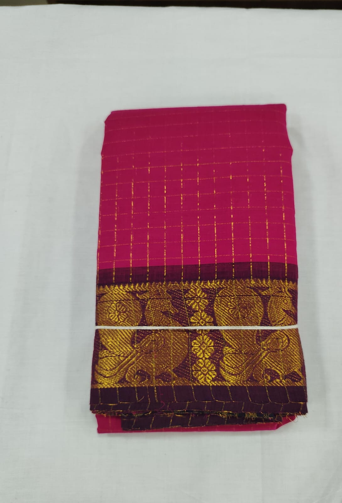 Rani Pink Chungudi Cotton Saree with Maroon Peacock Zari Border