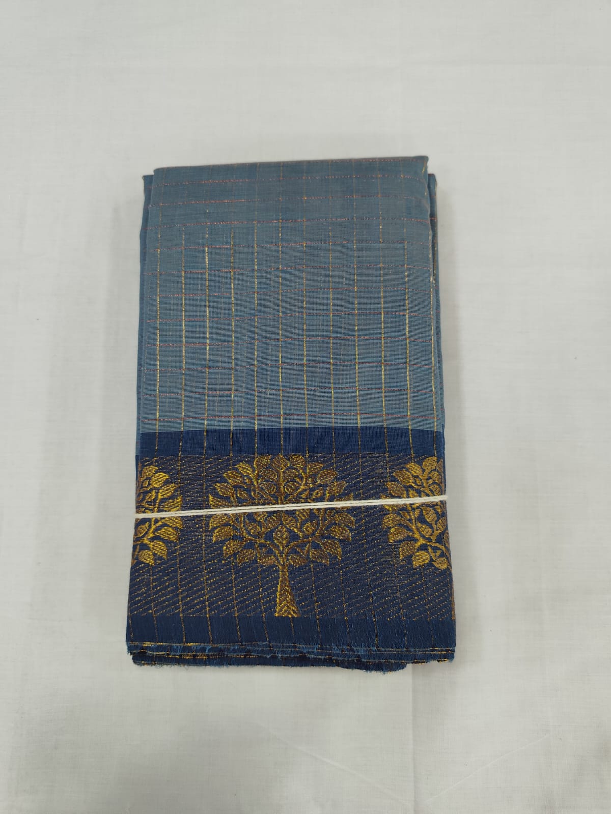 Steel Blue Chungudi Cotton Saree with Navy Tree Zari Border