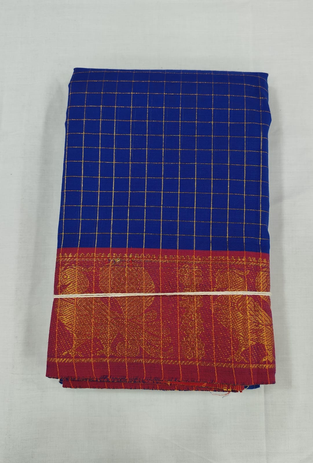 Royal Blue Chungudi Cotton Saree with Red Peacock Zari Border